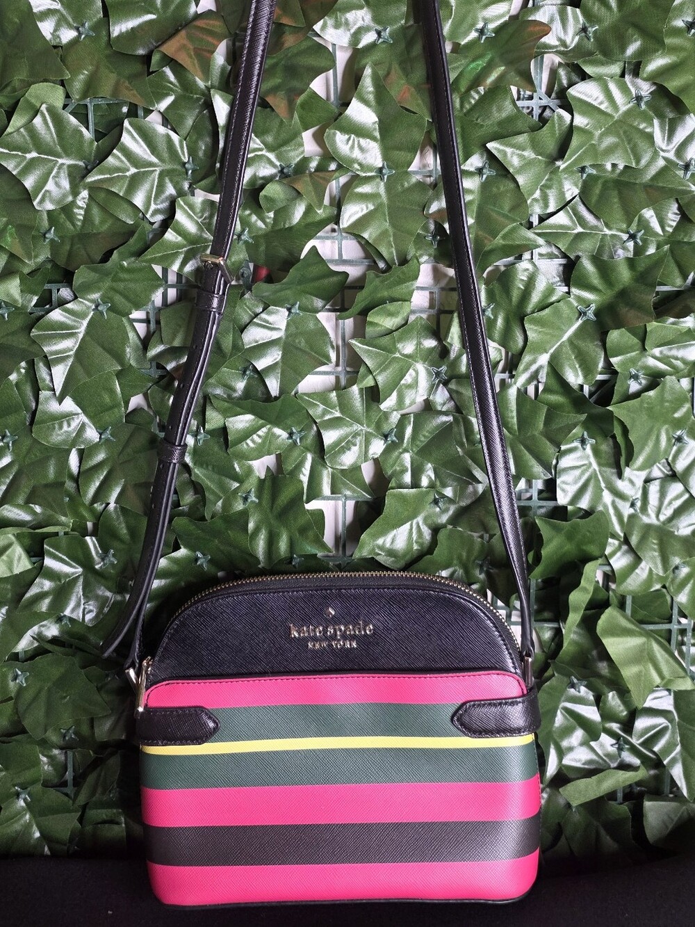 Kate Spade Black Crossbody Bag with Pink & Green Stripe